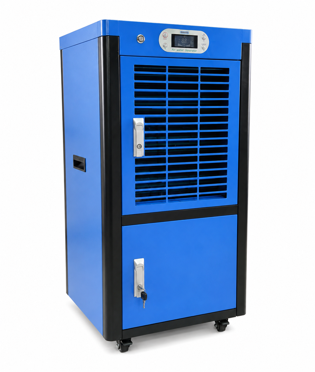 Freestanding atmospheric water generator in blue and black steel housing, three-quarter view with LCD control panel and lockable tank door