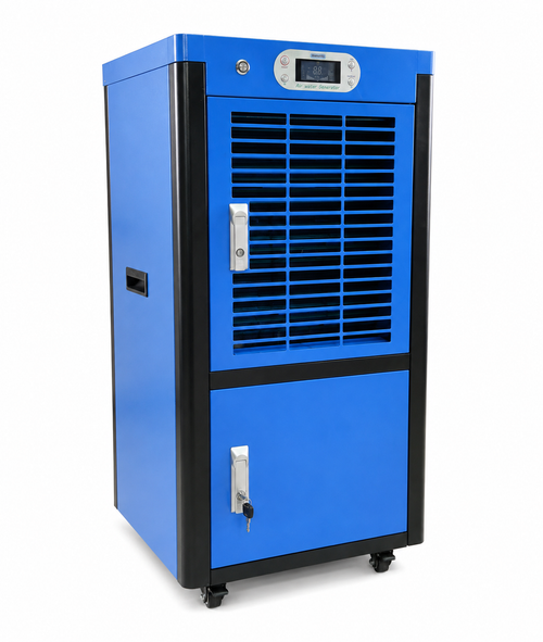 Freestanding atmospheric water generator in blue and black steel housing, three-quarter view with LCD control panel and lockable tank door