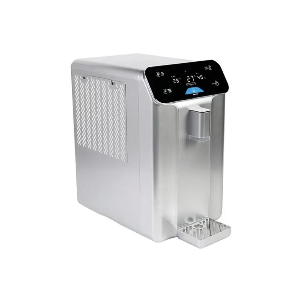 Silver countertop atmospheric water generator, three-quarter view with black touch display and chrome dispenser spout