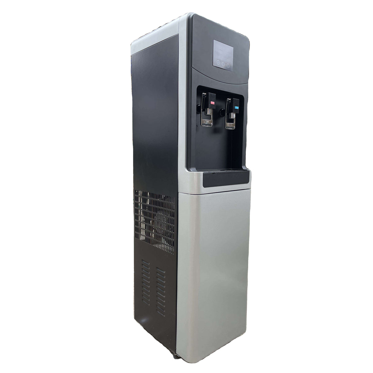 Three-quarter view of the freestanding atmospheric water generator showing the side intake vents, touch display, and drip tray