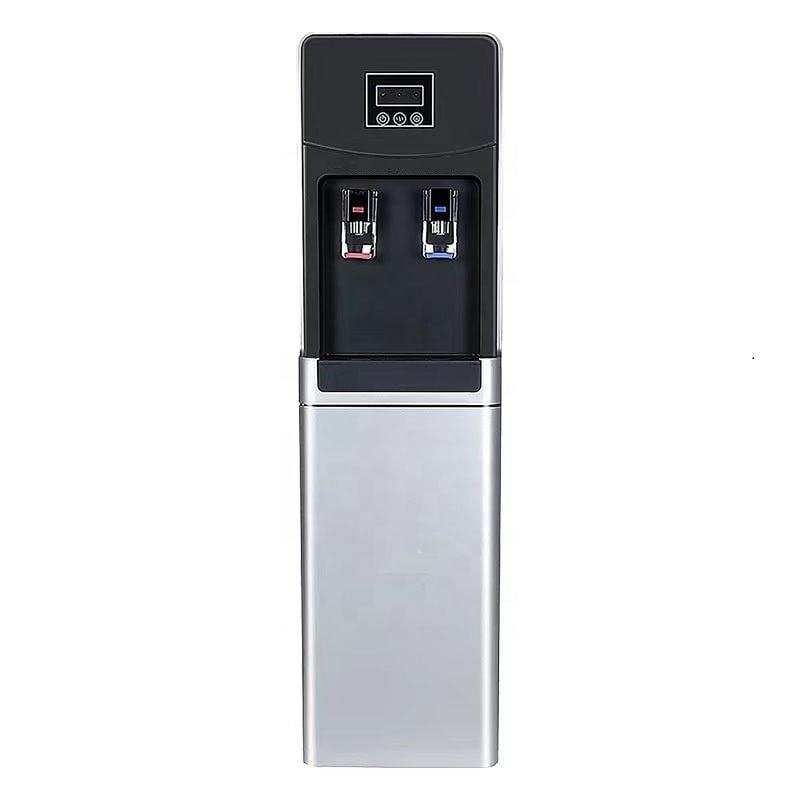 Freestanding atmospheric water generator in black and silver housing, front view with LCD control panel and separate hot and cold dispensing taps