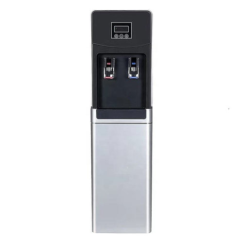 Freestanding atmospheric water generator in black and silver housing, front view with LCD control panel and separate hot and cold dispensing taps