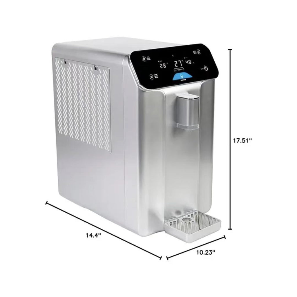 Silver countertop atmospheric water generator with dimensions labeled 14.4 inches wide by 10.23 inches deep by 17.51 inches tall